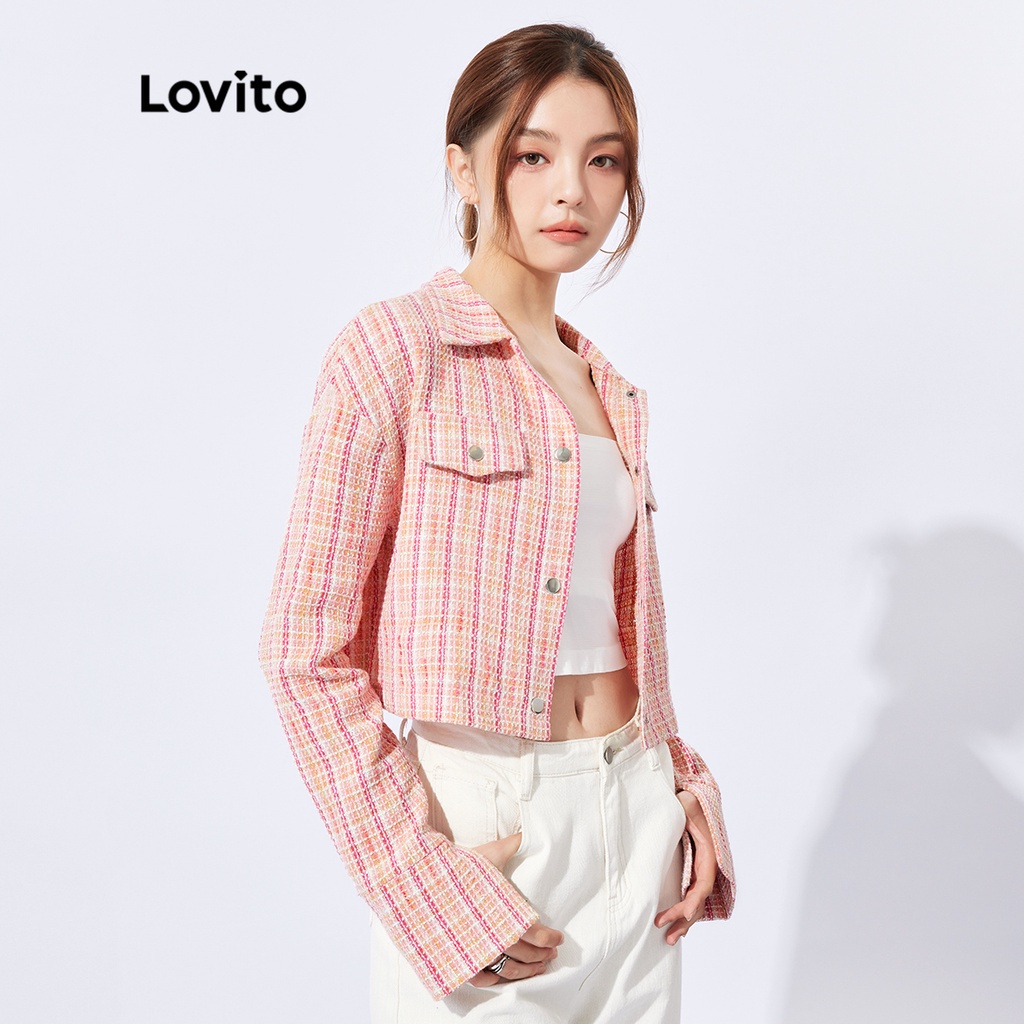 Áo khoác Lovito phong cách Hàn Quốc xẻ tà họa tiết kẻ caro thường ngày L32FW091 (màu hồng)