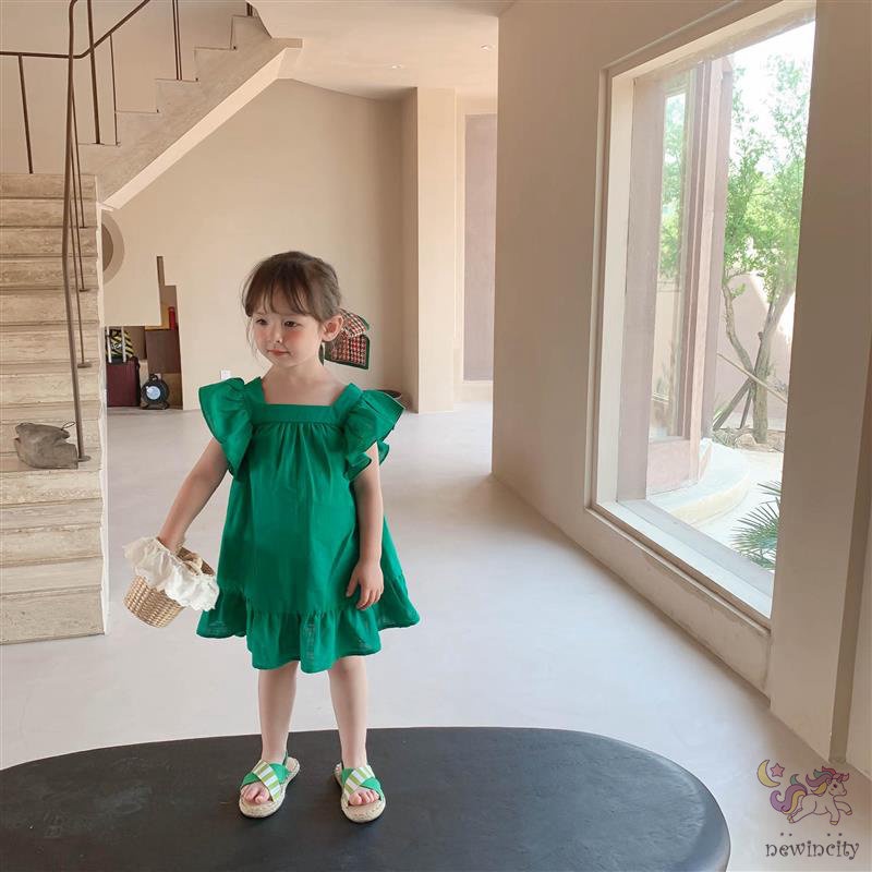 Đầm Công Chúa Tay Bèo Cổ Vuông Thắt Nơ Lưng Phong Cách Hàn Quốc Cho Bé Gái