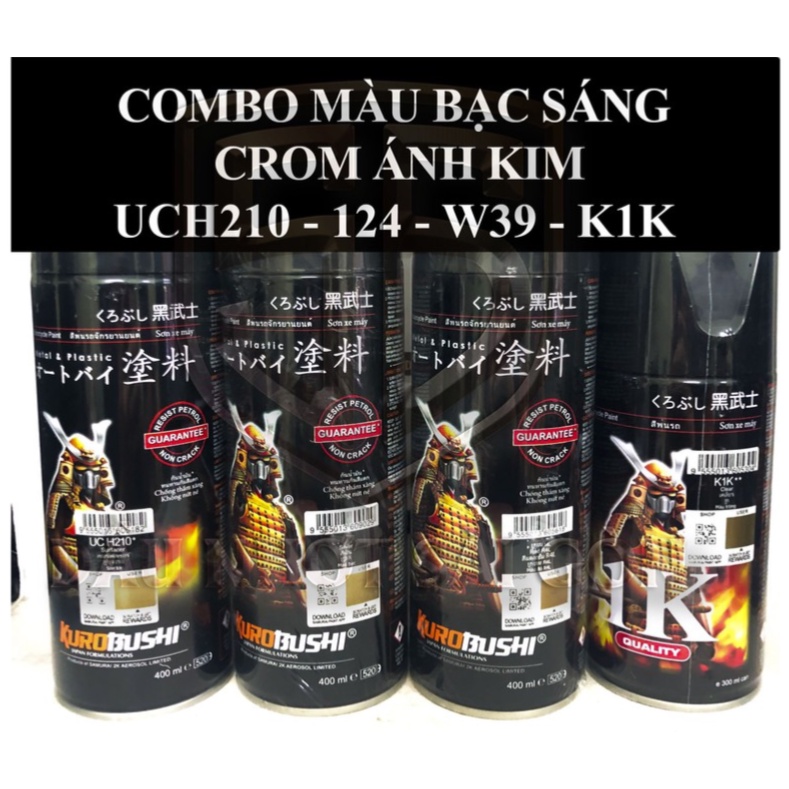 COMBO MÀU BẠC SÁNG CROM ÁNH KIM W39 GỒM 4 CHAI LÓT UCH210- NỀN 124 - PHỦ BÓNG K1K ĐỦ QUY TRÌNH SƠN
