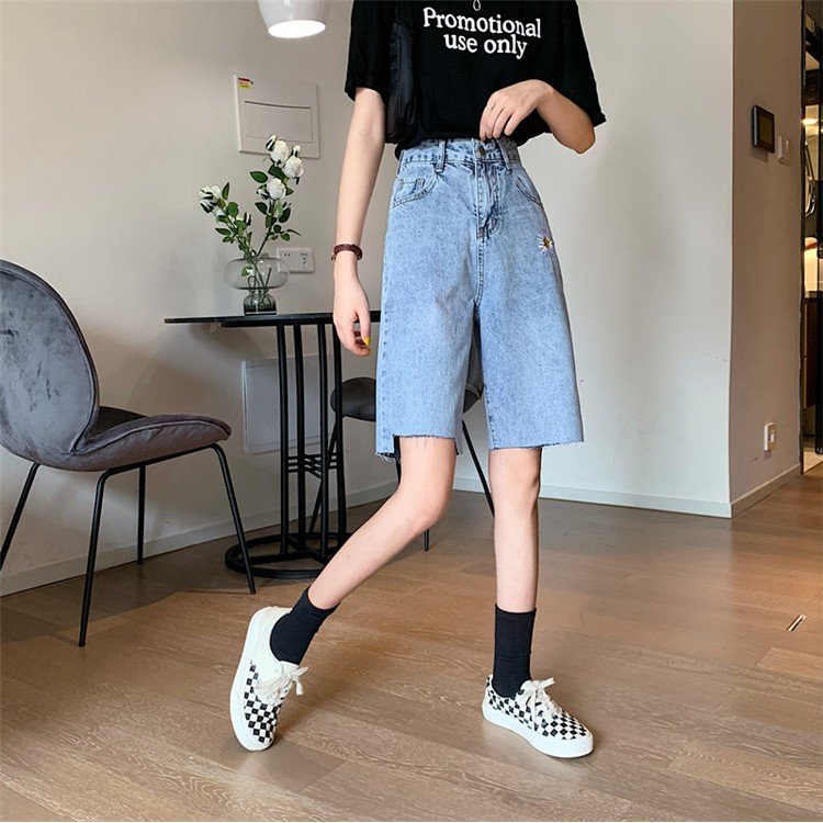 [Size S] Quần lửng jean nữ lưng cao xanh nhạt Ulzzang Quảng Châu QLJ64