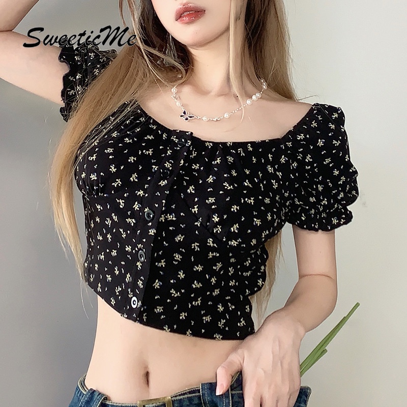 Áo Kiểu Tay Phồng Cổ Vuông In Họa Tiết Hoa Màu Sắc Tương Phản Thời Trang Dành Cho Nữ