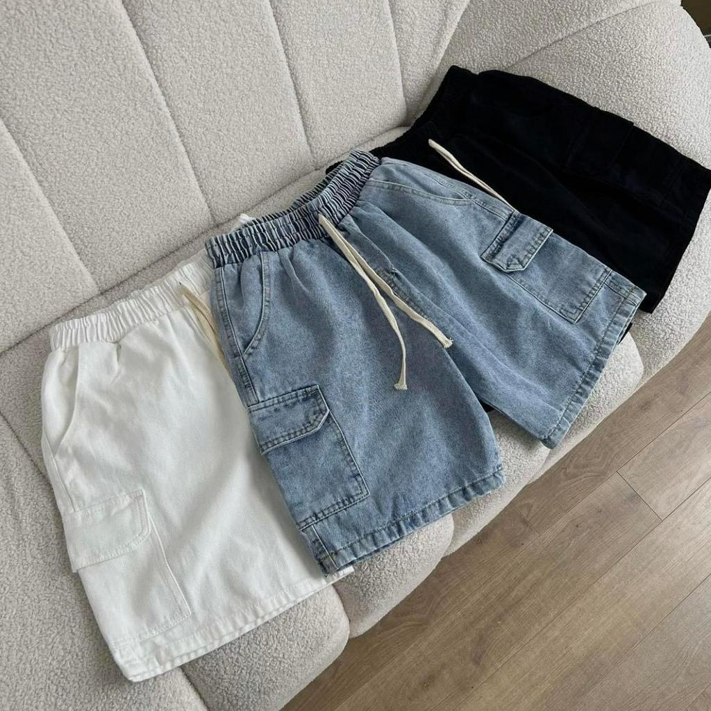 Quần Short Jean Túi Hộp Unisex Nam Nữ Lưng Chun Co Giãn