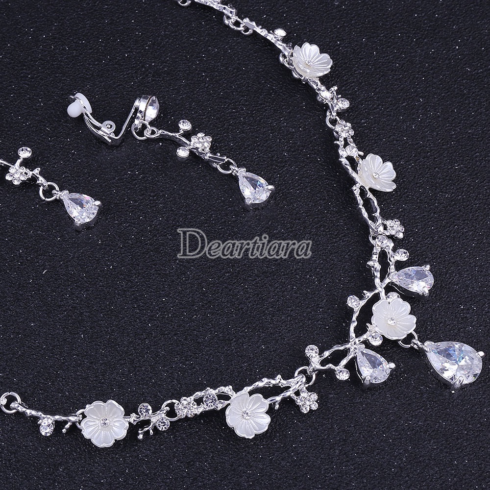 Bộ Vòng cổ Và Khuyên Tai Hình Hoa Đính Đá Zircon Thời Trang