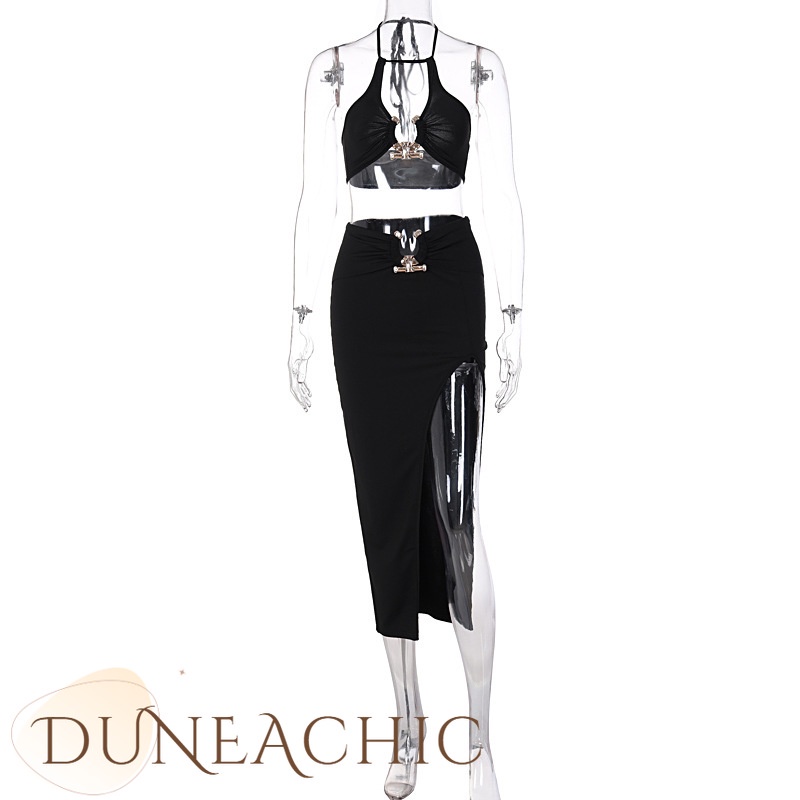 DUNEA Set Áo Tank Top Và Chân Váy Midi Dệt Sợi Gợi Cảm Cho Nữ