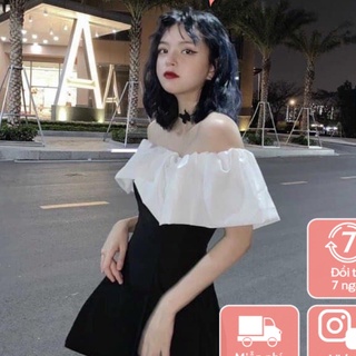 Váy trễ vai RINGELA đen trắng hot trend - Váy trễ vai nữ freesize phom ôm tôn dáng cực xinh C134