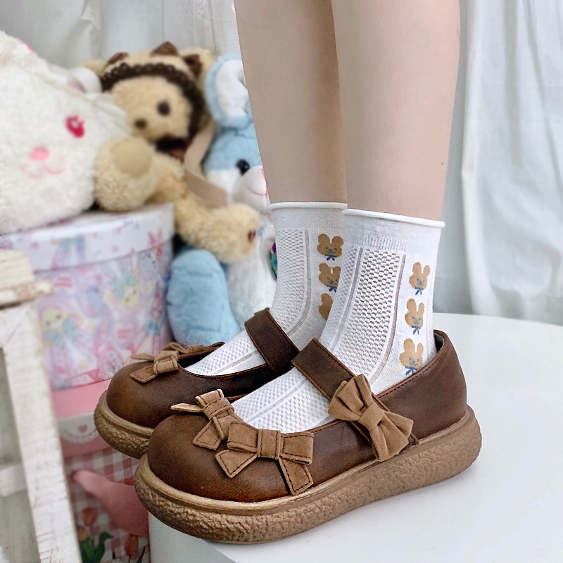 1 Đôi Tất Cotton Ngang Bắp Chân In Hình Gấu Thỏ Hoạt Hình Phối Ren Màu Trắng / Xanh Dương Thời Trang Mùa Thu Cho Bạn