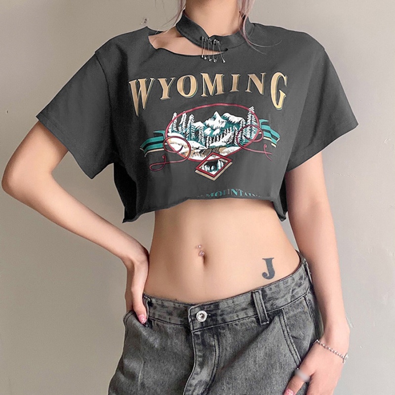 Brroa Áo Thun Crop Top Tay Ngắn Họa Tiết Pin Kim Loại Độc Đáo Oversized Cho Nữ