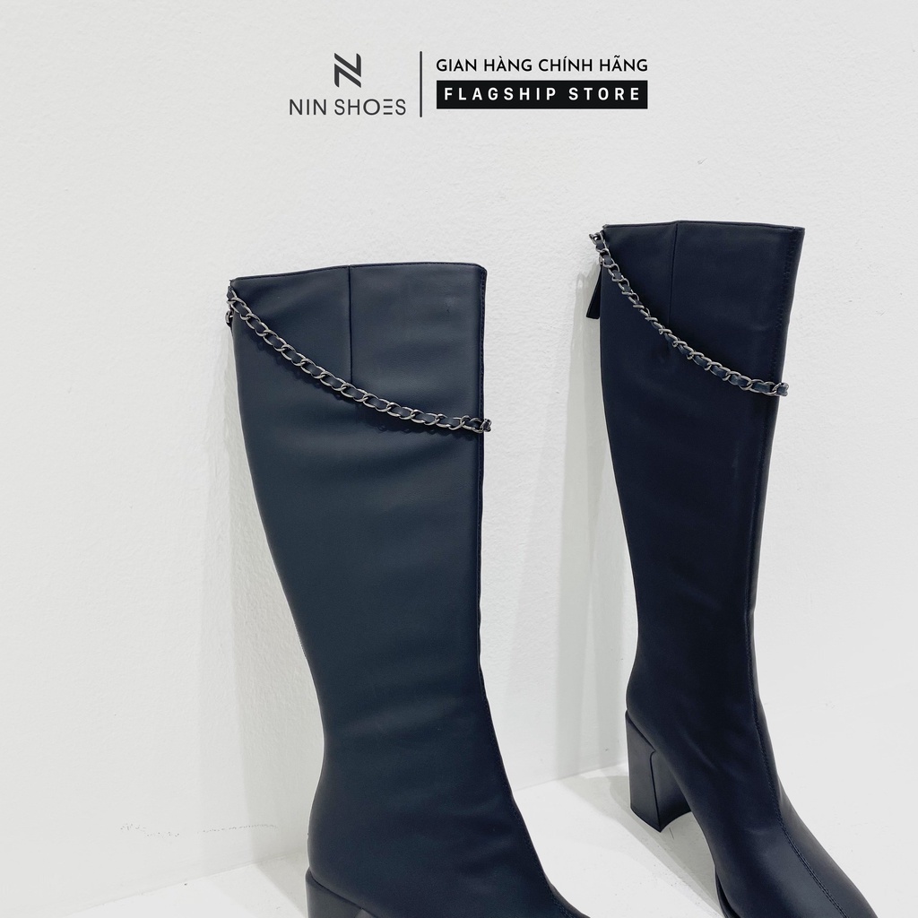 Giày Boot đùi nữ 9p QCCC xích cổ kéo khóa sau da si Ninshoes | BigBuy360 - bigbuy360.vn