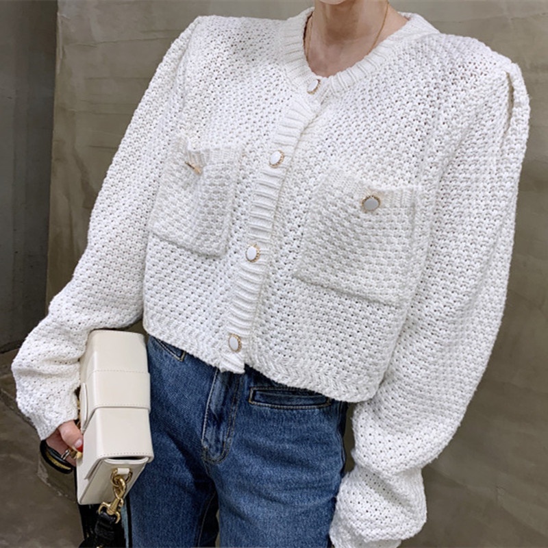 Áo khoác cardigan dệt kim cổ tròn tay phồng thiết kế hai túi có cài nút thời trang cho nữ | BigBuy360 - bigbuy360.vn