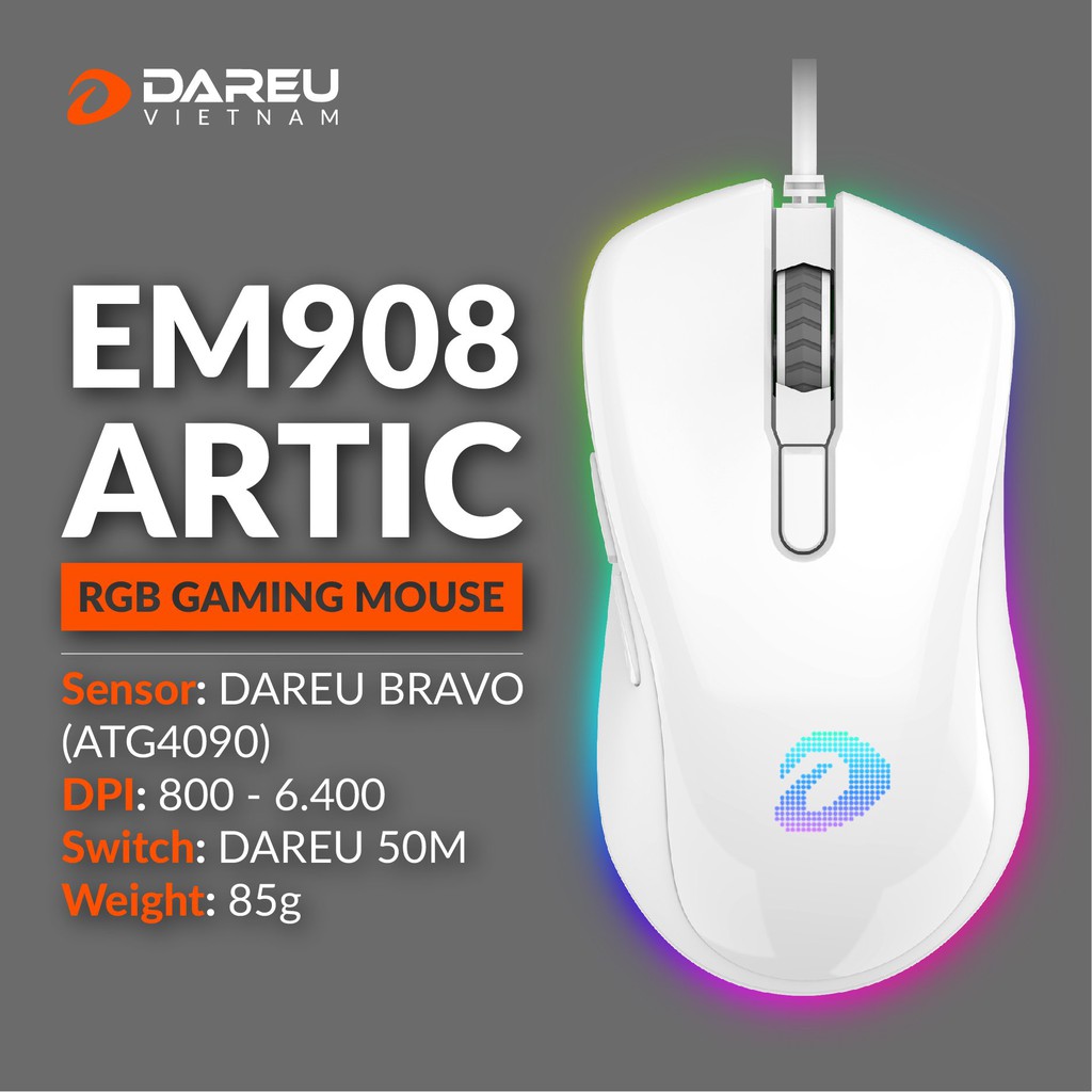 Chuột Gaming DareU EM908 WHITE (ARTIC/ Led RGB/ Bravo Sensor) - Bảo hành 2 năm