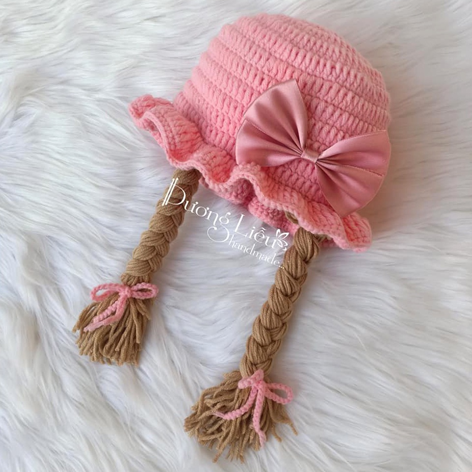 Nón Len Gắn Bím Tóc Handmade Cho Bé