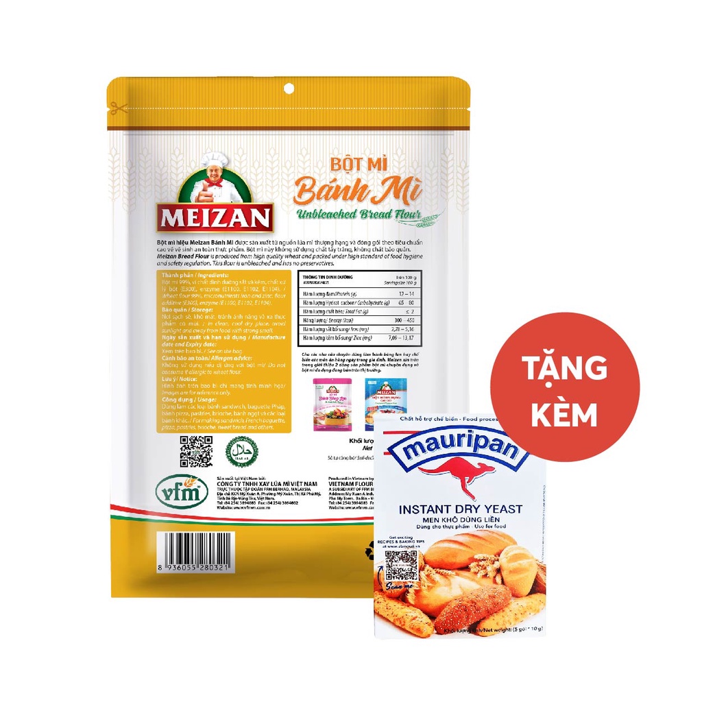 Bột mì chuyên dụng cho bánh mì Meizan Unbleached Bread Flour 1kg/túi