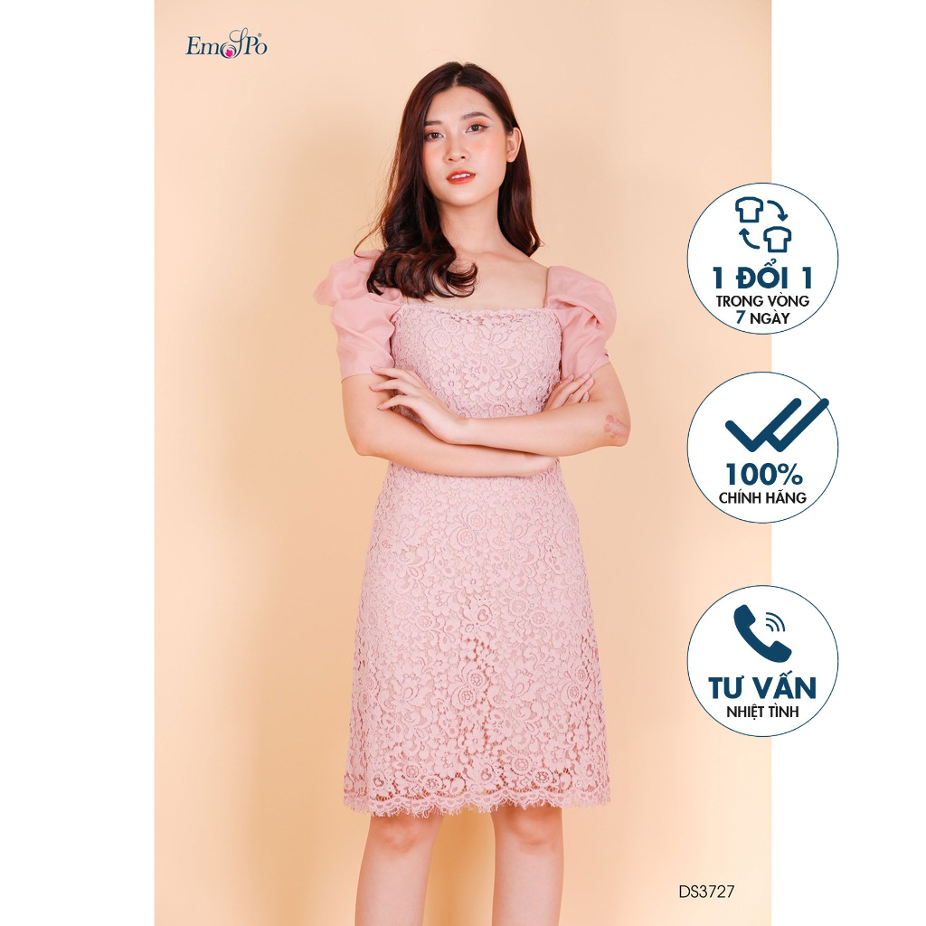 Đầm ren ôm A, vải phối tay, tay rúm ly bồng Emspo DS3727 (Be, Hồng)