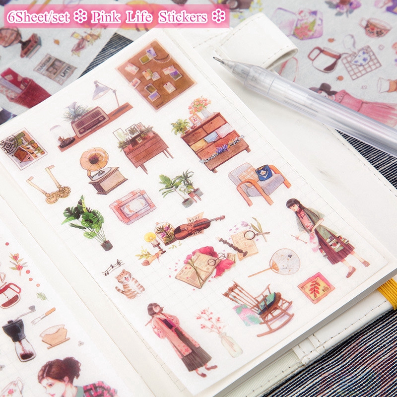 &gt; Ready Stock &lt; ❉ Pink Life Giấy và decal dán tường ❉6Sheet/set DIY Diary Scrapbooking Decals Stickers