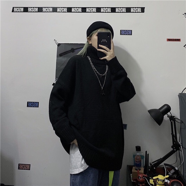 Áo len đôi cổ lọ cổ cao form rộng dáng dài oversize unisex nam nữ | BigBuy360 - bigbuy360.vn
