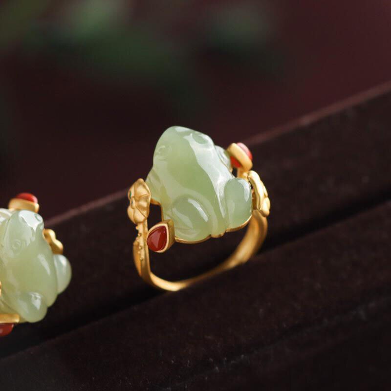 Nhẫn Panaoben bằng bạc 925 hình ếch ngồi lá sen có thể điều chỉnh kích cỡ thời trang
