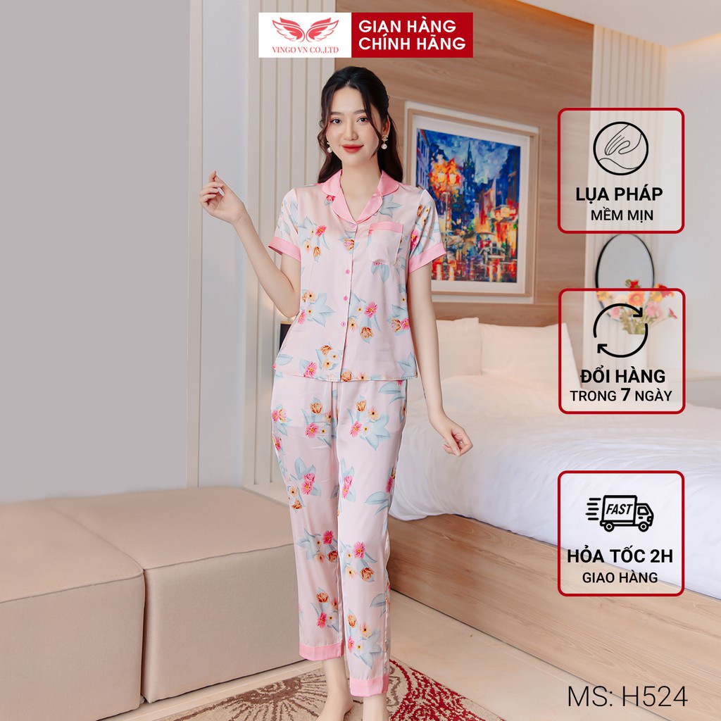 Bộ Đồ Mặc Nhà Pyjama Nữ VINGO Chất Liệu Lụa Pháp Cao Cấp Tay Cộc Quần Dài Họa Tiết Hoa Hồng Thanh Lịch H524 VNGO - TCQD | WebRaoVat - webraovat.net.vn