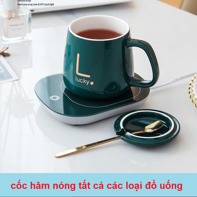 Cốc Hâm Nóng đồ uống kèm đế điện, Bộ ly sứ kèm đế điện hâm nóng trà, cafe, hâm sữa + Tặng kèm thìa vàng, hộp sang trọng