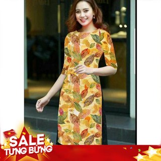 Áo dài cách tân Mai Lan in lá mùa thu phối ren cao cấp - không kèm váy