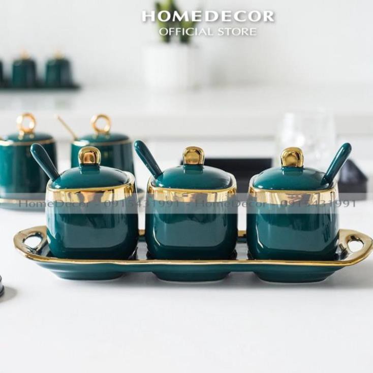 Bộ 3 Hũ đựng gia vị sứ xanh kèm khay và thìa | BigBuy360 - bigbuy360.vn