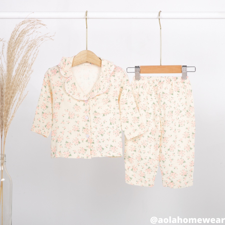 Pijama cho bé gái dài tay mặc ngủ điều hòa vải xô muslin dễ thương Áo Lá Homewear A005, đồ ngủ trẻ em gái