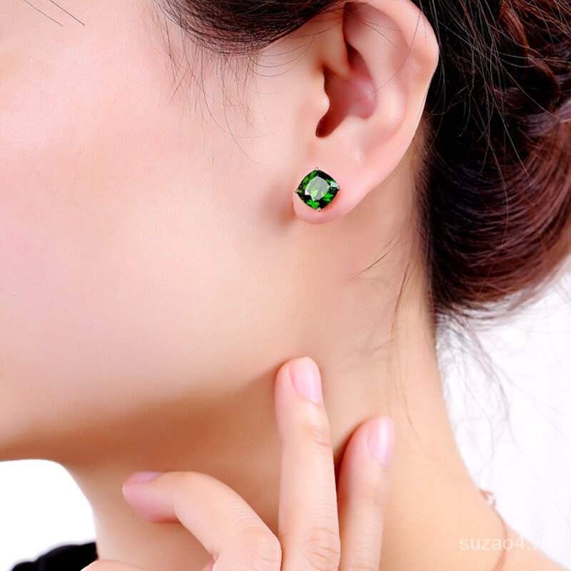 Bông Tai Ngọc Lục Bảo Hình Vuông Béo Khuyên Tai Đá Quý Tourmaline Màu Xanh Lá Ra Khỏi Nhà Máy Kim Mảnh Pha Lê Vuông, Bông Tai Bốn Chấu
