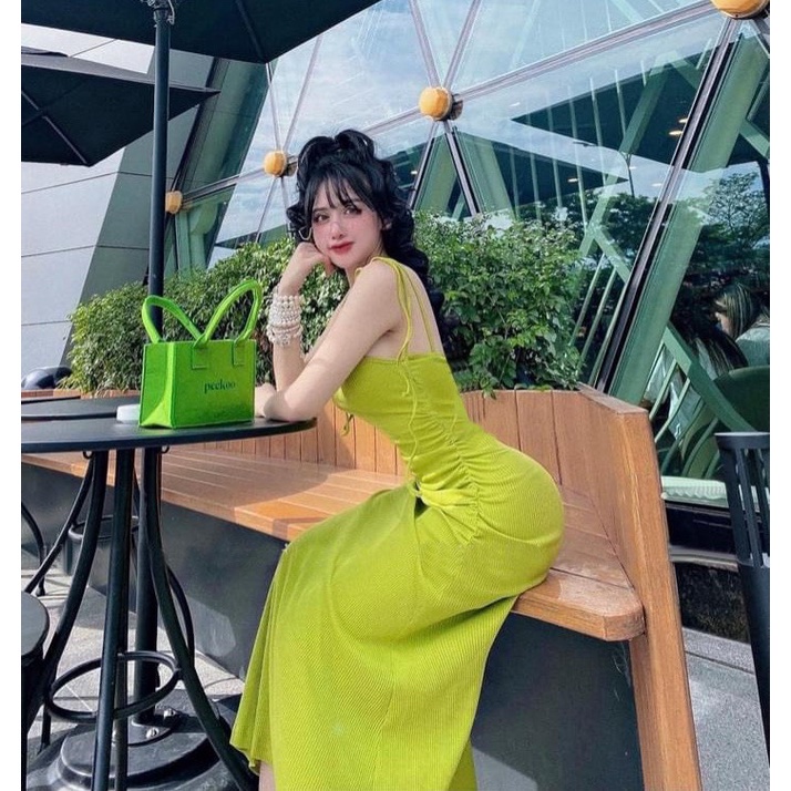 Đầm ôm body 2 dây vai phối nơ côt nhún eo Form dài siêu tôn dáng chất thun gân