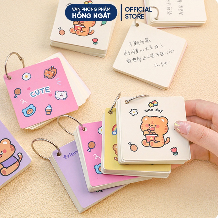 Flashcard trắng hoạt hình 80 trang, thẻ học từ vựng flashcard tiếng anh trung nhật đồ dùng học tập văn phòng phẩm FLC03