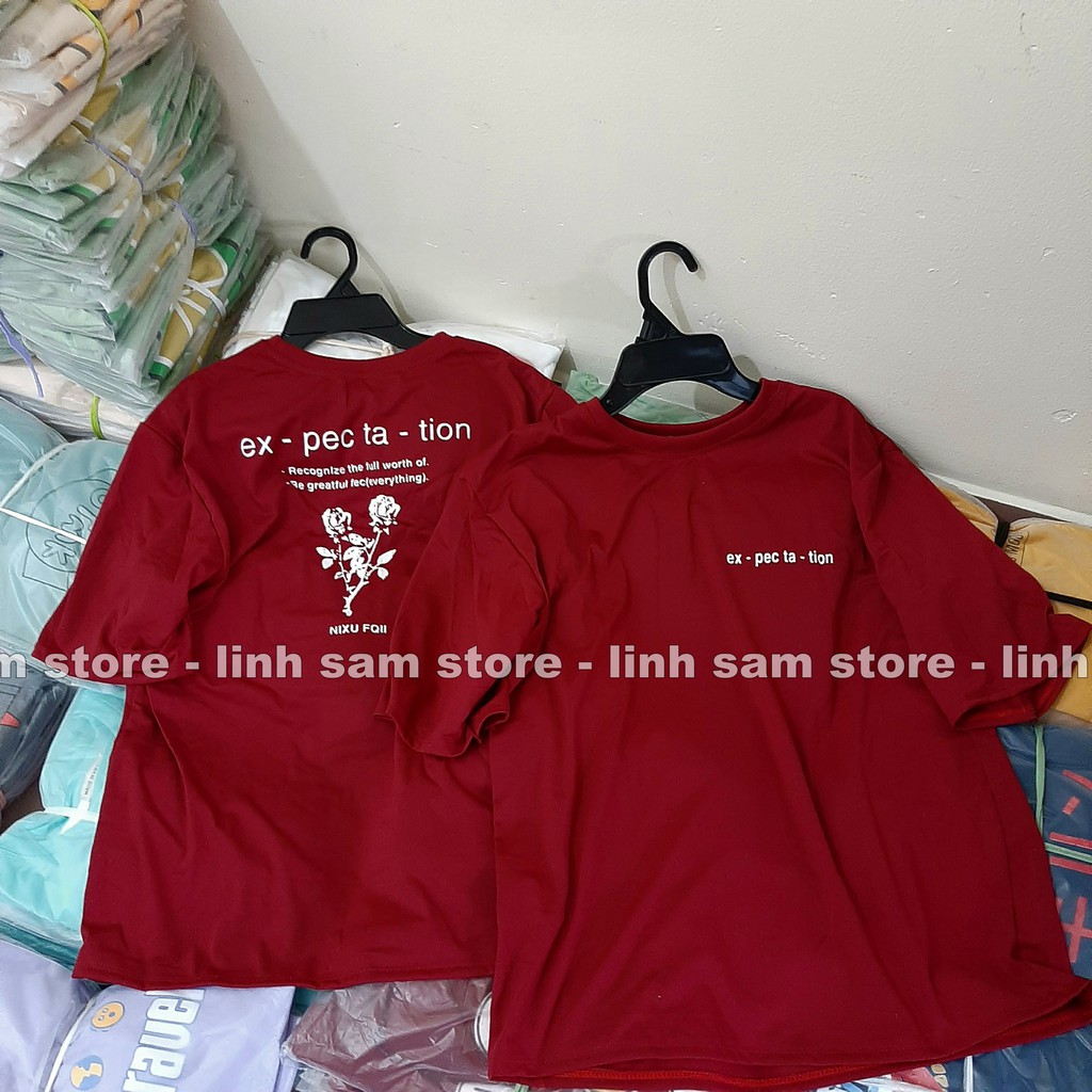 Áo phông tay lỡ nữ freesize form rộng thun Unisex, mặc lớp, cặp, nhóm in hình HOA HỒNG chữ EXPECTATION đỏ đô