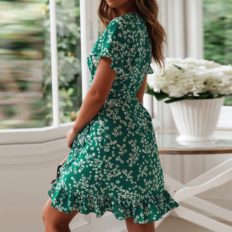 Đầm Tay Ngắn Cổ Chữ V In Họa Tiết Hoa Phong Cách Boho Thời Trang Mùa Hè Cho Nữ | BigBuy360 - bigbuy360.vn