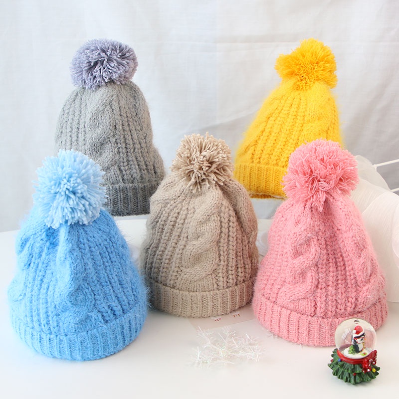 Mũ beanie dệt kim màu trơn đính bóng lông nhiều màu sắc thời trang thu đông cho bé