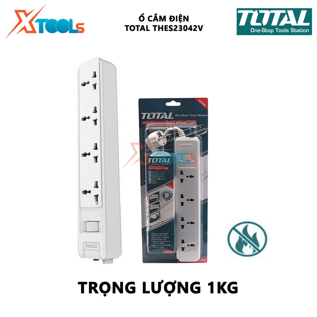 Ổ cắm điện TOTAL THES23042V ổ cắm 3 chấu 4 ổ cắm mở rộng, Dòng điện tối đa 13A, Dây điện 3 mét 3*1.25mm2 lỗ cắm có màng