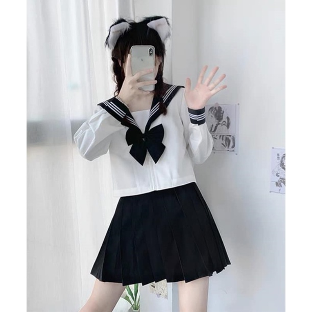 Set áo - váy Seifuku cơ bản hãng Lemon - Áo Trắng cổ áo đen, váy Đen - tặng kèm nơ #jk #Sei #Seifuku
