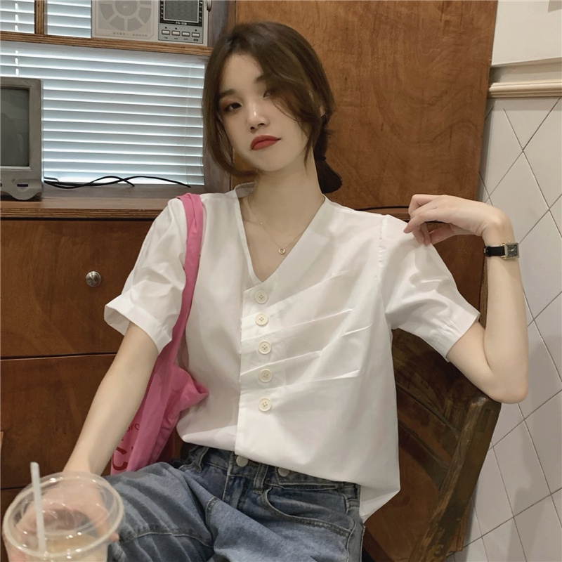 Áo sơ mi kiểu GENAISHA 220503 tay ngắn cổ chữ V phong cách Hàn Quốc thanh lịch dành cho nữ
