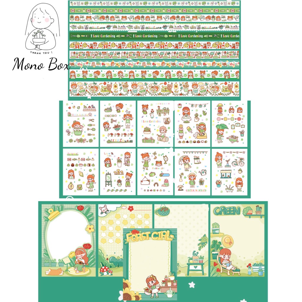 Combo sticker dán 10 tờ, 10 cuộn washi tape, 30 tờ giấy note hoạt tiết cô gái ngọt ngào dễ thương Mono_box CB1