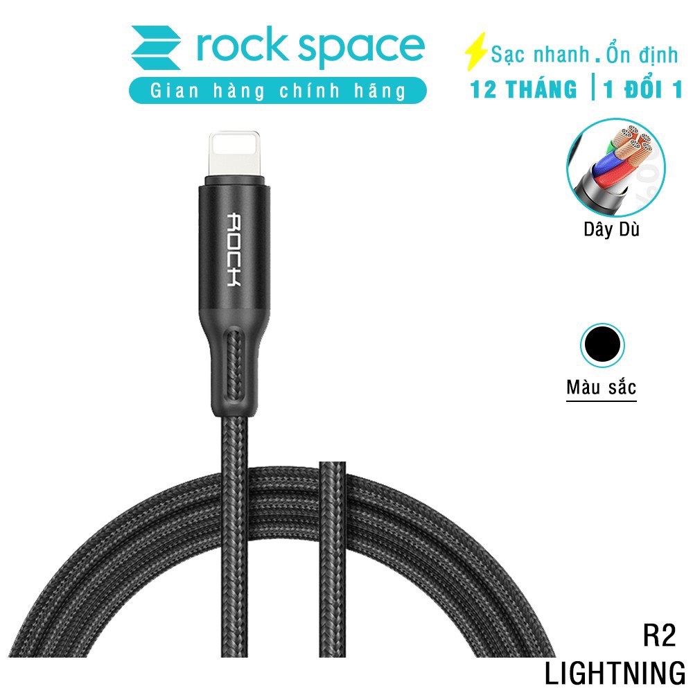 Cáp sạc nhanh iphone R2 Rockspace dây dù màu đen, độ dài 1m đầu kim loại, sạc nhanh, ổn định, không nóng, BH 1 năm