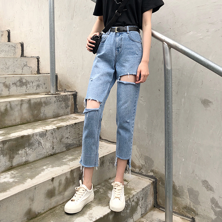 Quần jean lửng màu xanh lam lưng cao năng động dễ phối đồ 30613