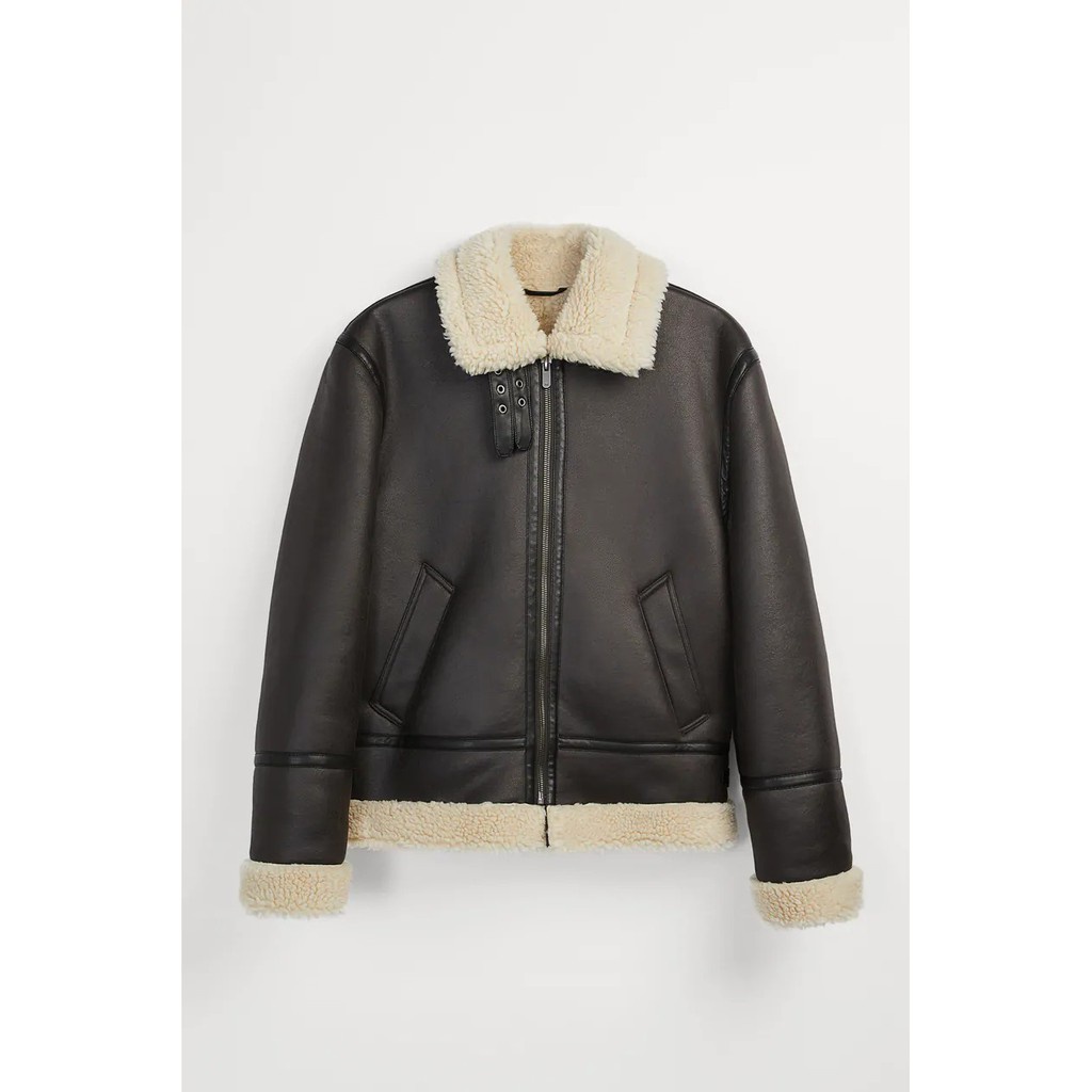 ÁO KHOÁC DA ZARA MAN MÀU ĐEN LÓT LÔNG TRẮNG CỔ BẺ - 6318/351