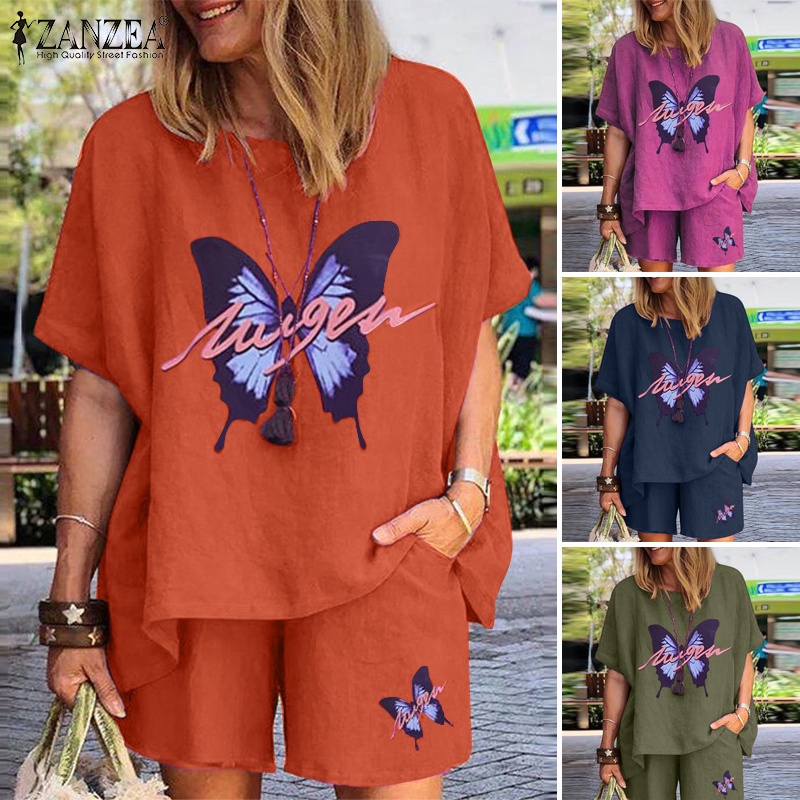 Set đồ hai món ZANZEA gồm áo thun tay ngắn kèm quần short chất liệu cotton thời trang cho nữ