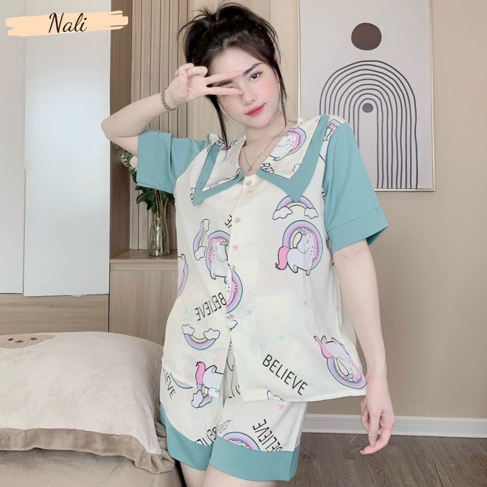 Bộ pijama nữ cộc tay quần đùi chất liệu lụa mango cao cấp, bộ đồ ngủ nữ cổ nhọn hoạ tiết hoạt hình dễ thương CC12