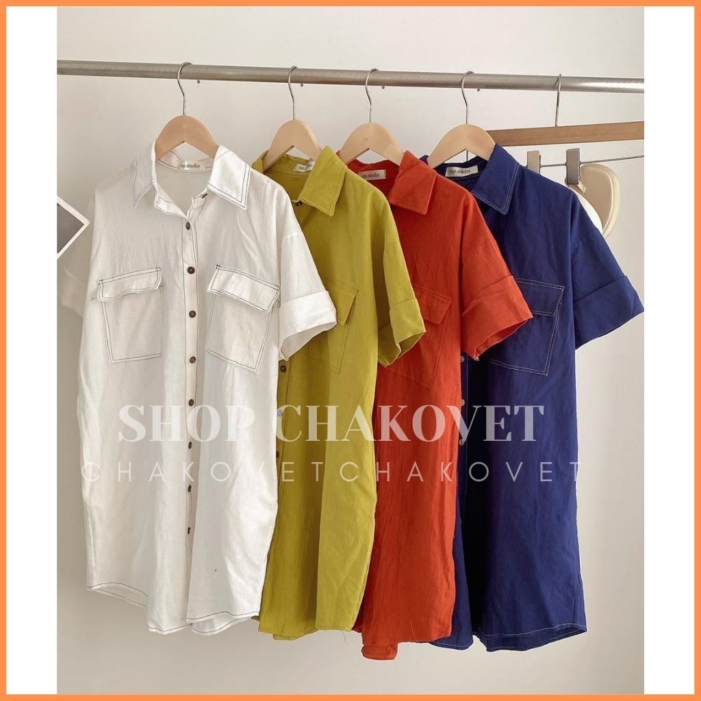 Váy sơ mi nữ dáng ulzzang cộc tay V8292, kiểu đầm dự tiệc đi biển dáng suông trơn cúc gỗ viền chỉ nổi chất đũi - CHAKOVE