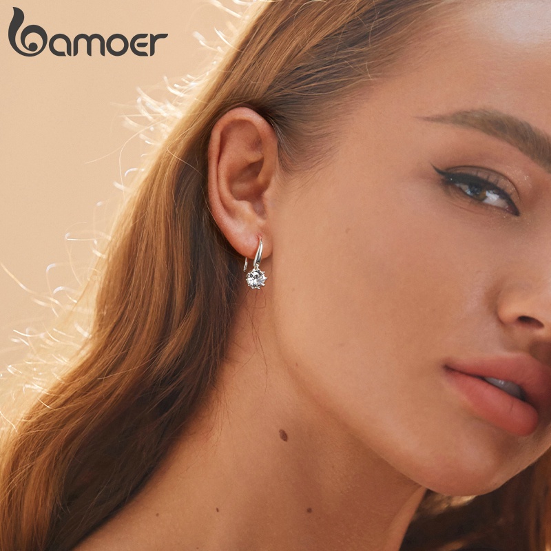 Đôi bông tai BAMOER bằng bạc 925 kiểu dáng đơn giản cho nữ