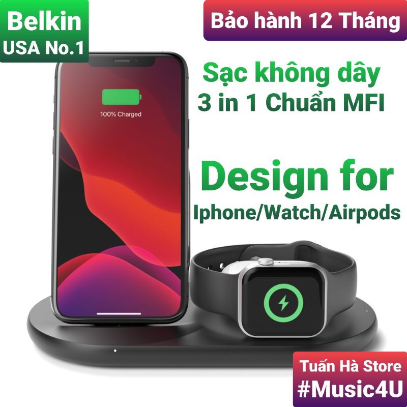 Đế sạc không dây 3 trong 1 Belkin cho Iphone X 11 12 13 Pro Max Watch APs Tuấn Hà Store
