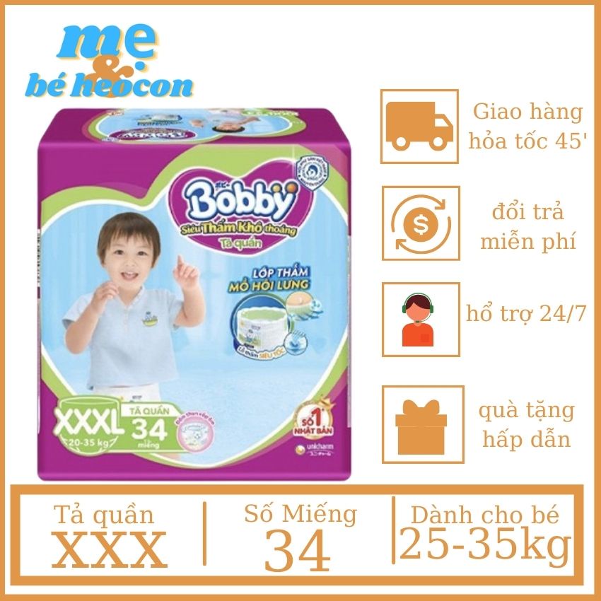 Tả Bỉm Quần Bobby Xxxl32 Miếng Siêu Thấm Thoáng Mát Mỏng Nhẹ Dành Cho Em Bé + Mevabeheocon123