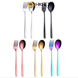 Muỗng Nĩa Inox Cán Vuông Màu Vàng / Bạc Phong Cách Hàn Quốc Sang Trọng
