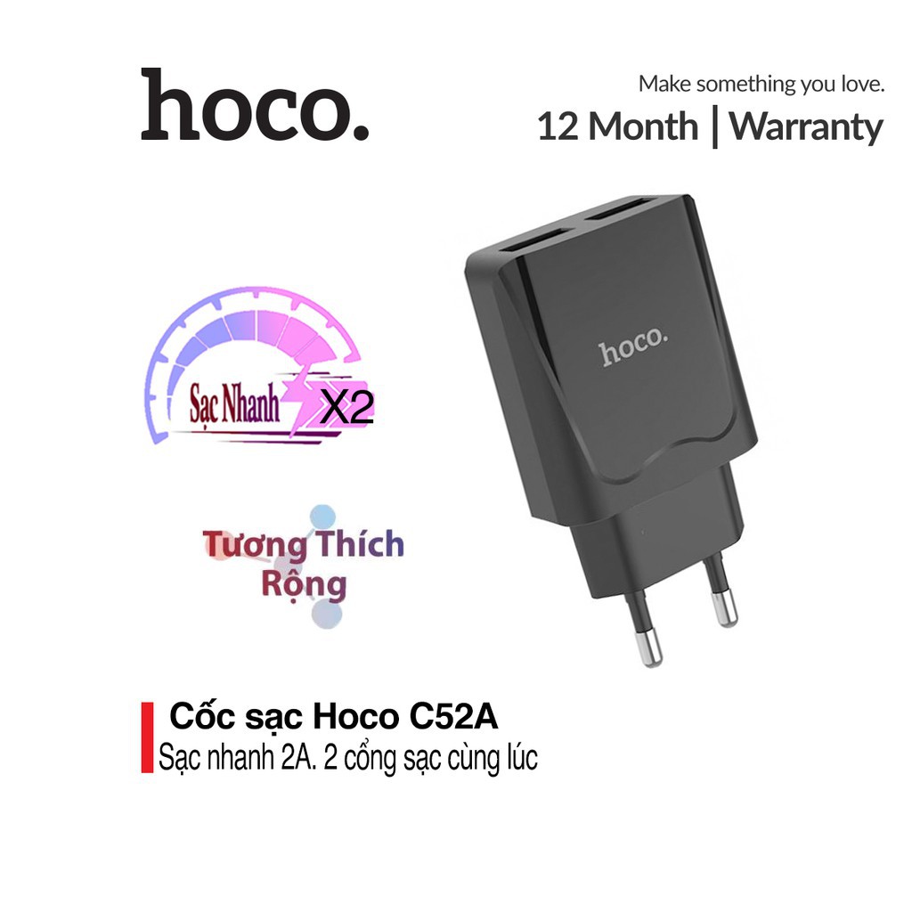 Củ sạc nhanh 2.1A Hoco C52/C52A chất liệu PC siêu bền được trang bị 2 cổng sạc Usb bảo vệ nhiều mạch