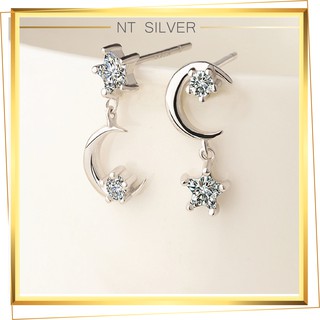 Khuyên Tai Nữ Bạc 925 Mạ Bạch Kim Cao Cấp Ngôi Sao Mặt Trăng Phong Cách Hàn Quốc - NT Silver