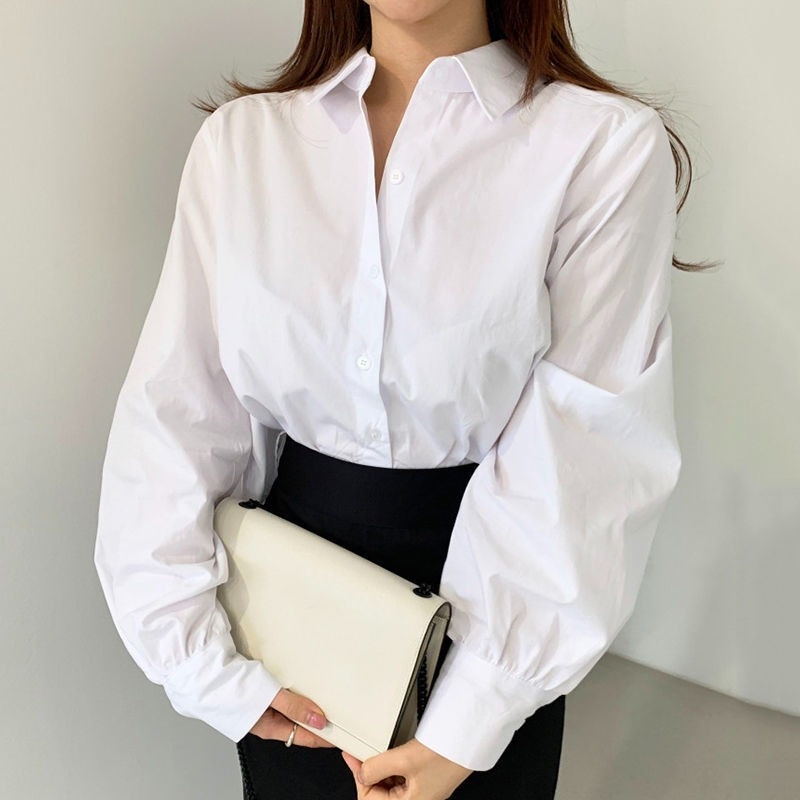 Áo Sơ Mi Tay Dài Dáng Rộng Lưng Xếp Ly Thiết Kế Lệch Tà Dễ Thương