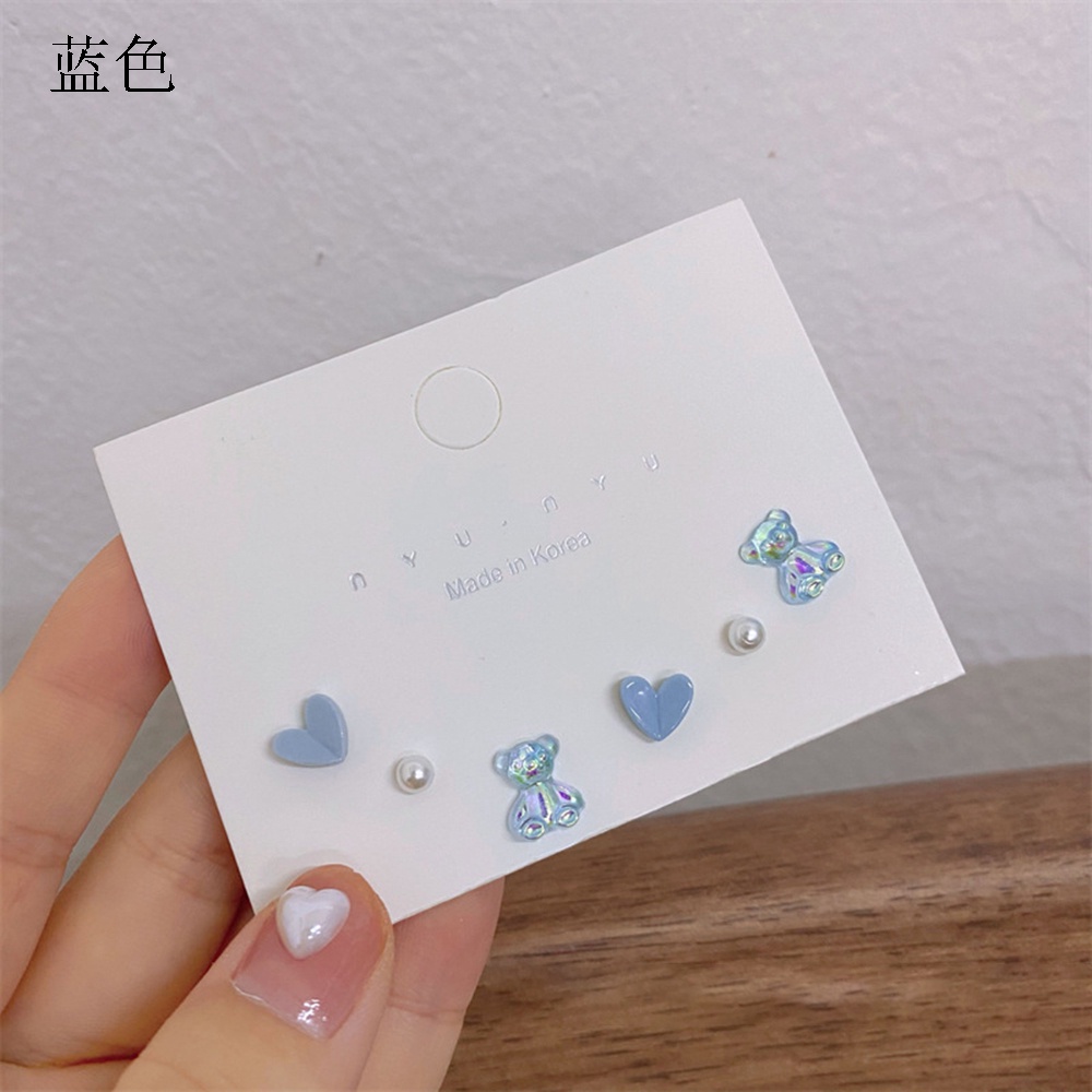 Set 3 Đôi Khuyên Tai Hình Trái Tim / Gấu Dễ Thương Cho Nữ