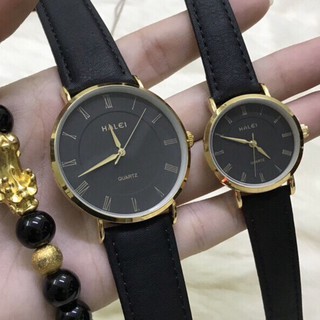 Cặp đồng hồ HALEI HL540 dây da đen cao cấp, mặt size 40mm 25mm màu đen thời trang, chống xước, chống nước tuyệt đối